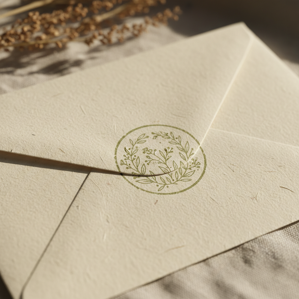 Hand-stamped cream envelope close-up